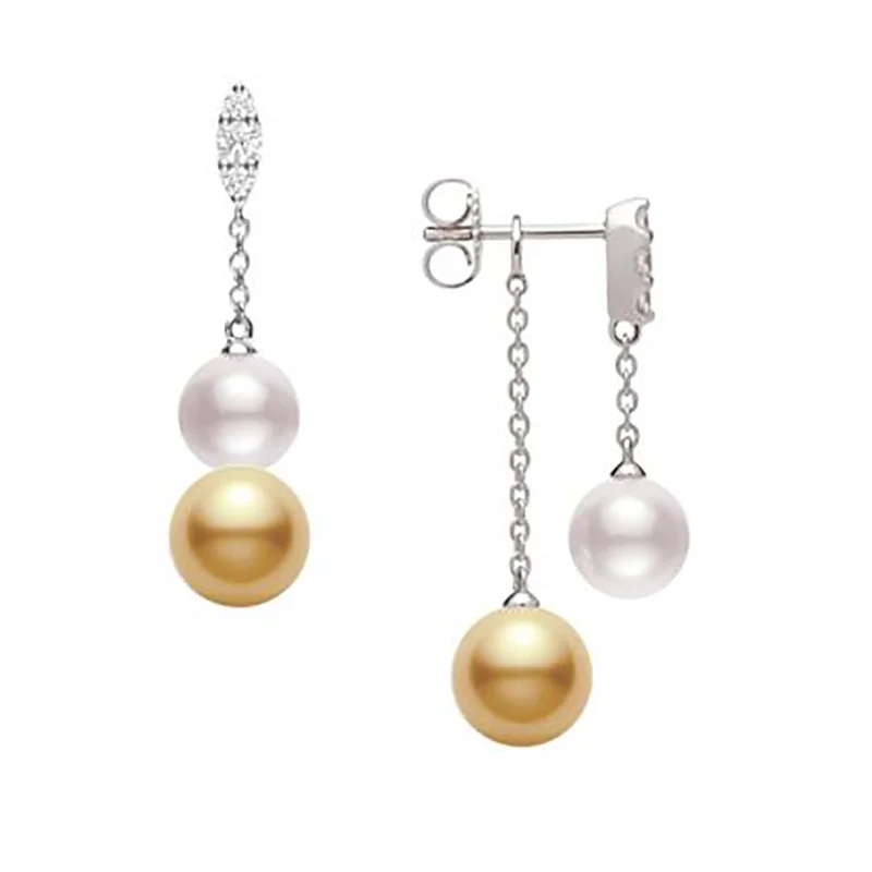 Morning Dew Akoya and Golden South Sea Cultured Pearl Earrings with Diamonds 18K White Gold