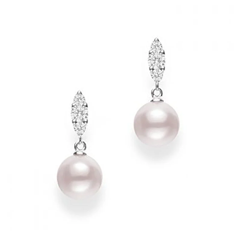 Morning Dew Akoya Cultured Pearl Earrings with Diamonds - 18K White Gold