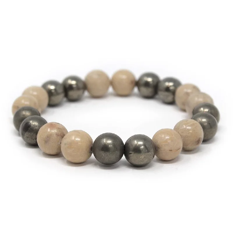 Coral Fossil and Pyrite Bead Men's Stretch Bracelet