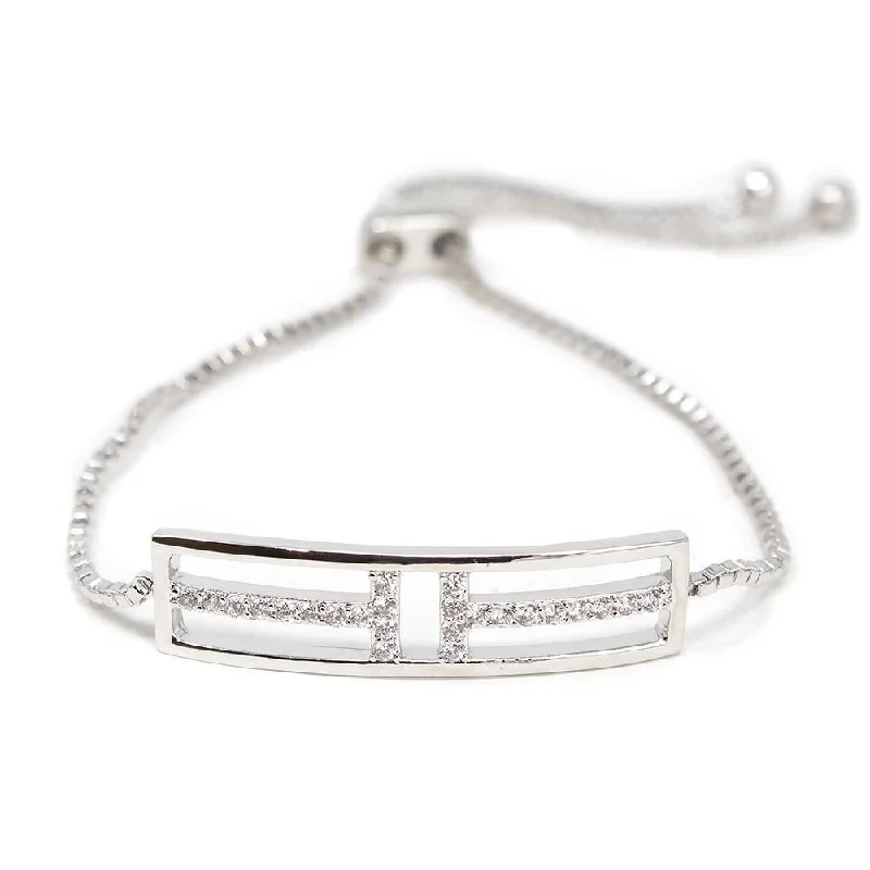 CZ Open Bar Adjustable Bracelet Rhodium Plated