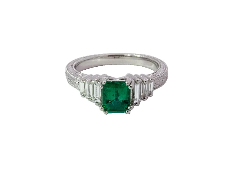 Platinum Emerald and Diamond Ring