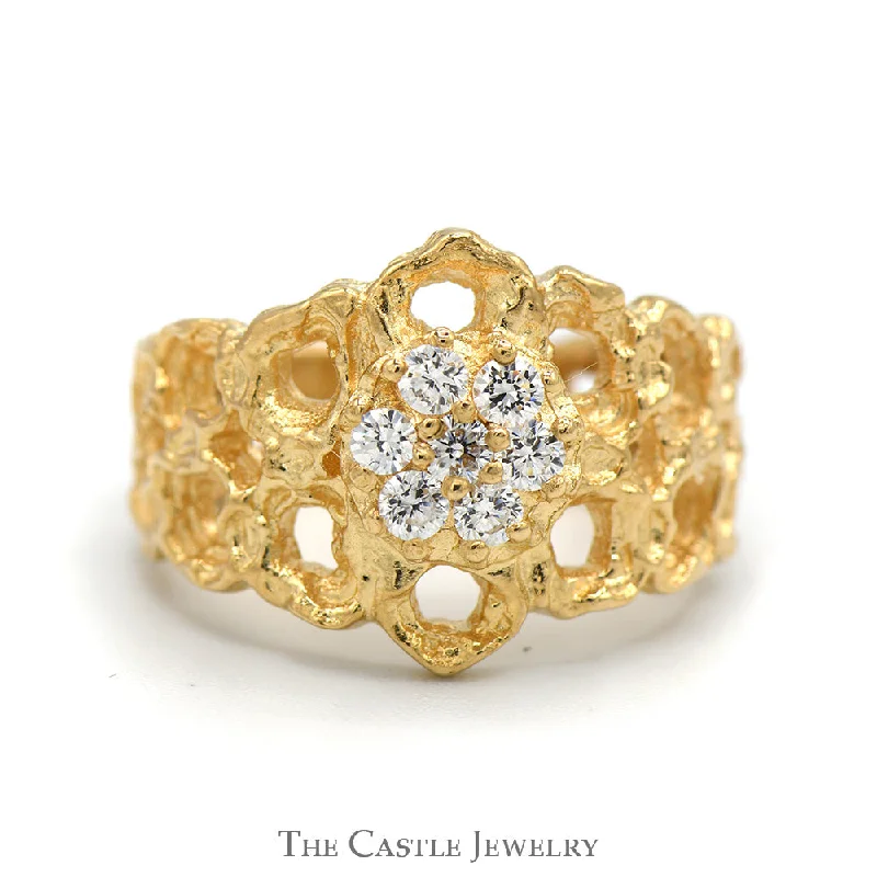 Round Cubic Zirconia Cluster Ring with Open Nugget Designed Sides in 14k Yellow Gold