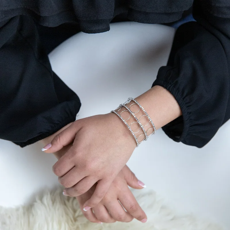 Three Row Crystal With Open Circle Cuff Bangle Silver Tone