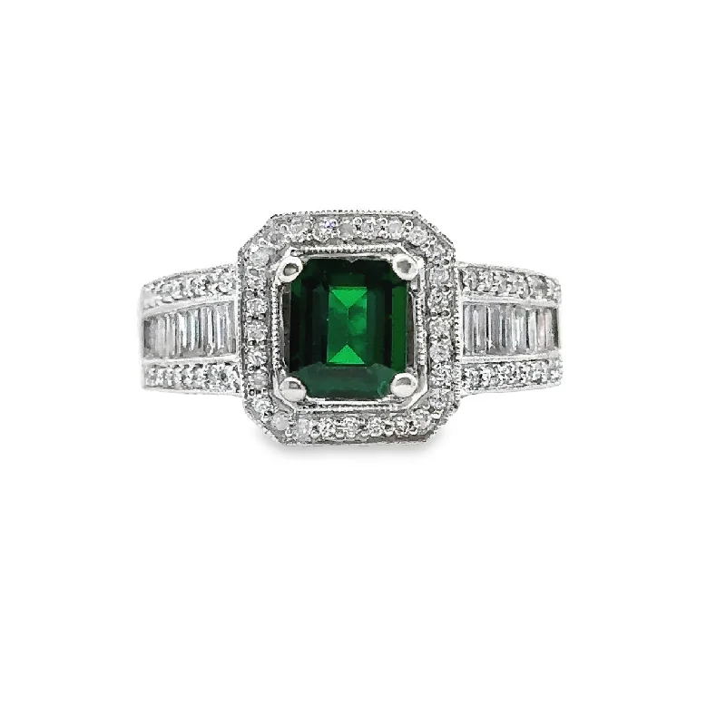 White Gold Emerald and Diamond Halo Ring