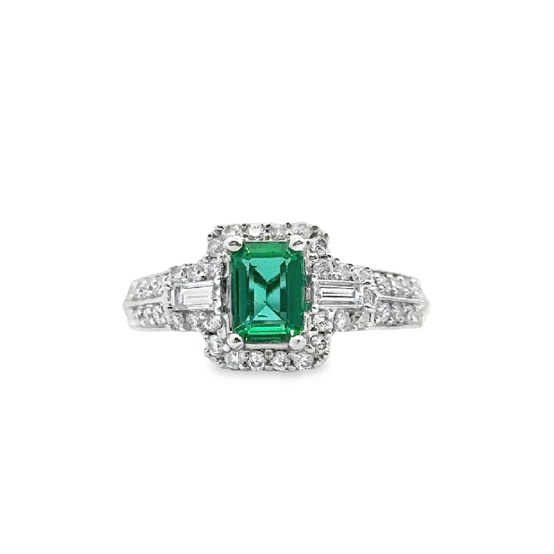 White Gold Emerald and Diamond Halo Ring