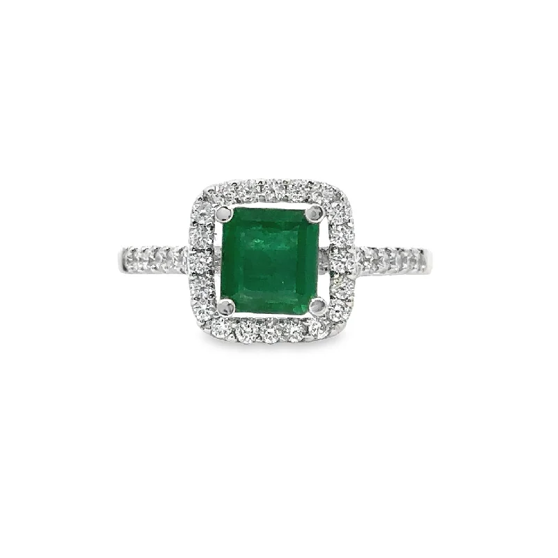 White Gold Emerald and Diamond Halo Ring