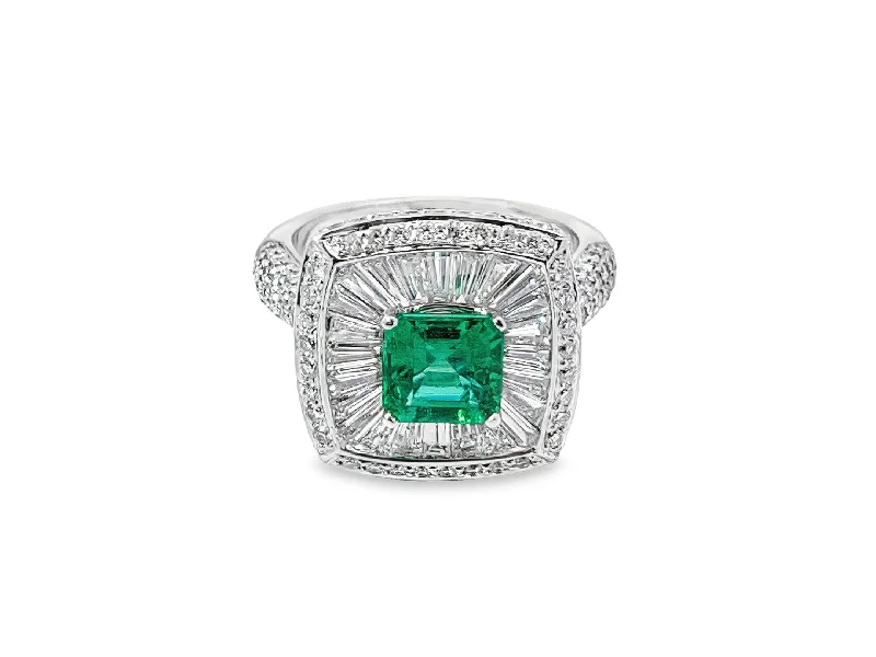 White Gold Emerald and Diamond Halo Ring