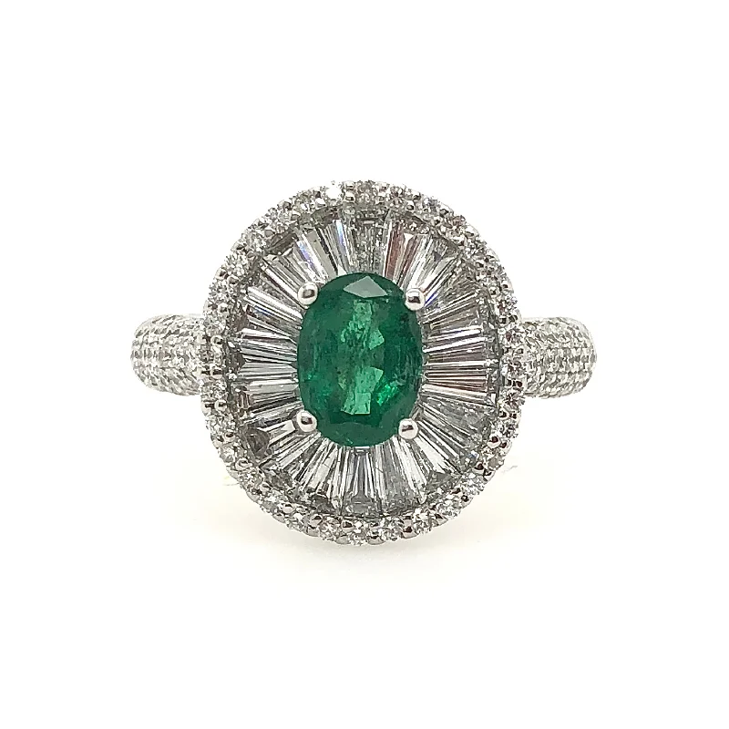 White Gold Emerald and Diamond Halo Ring