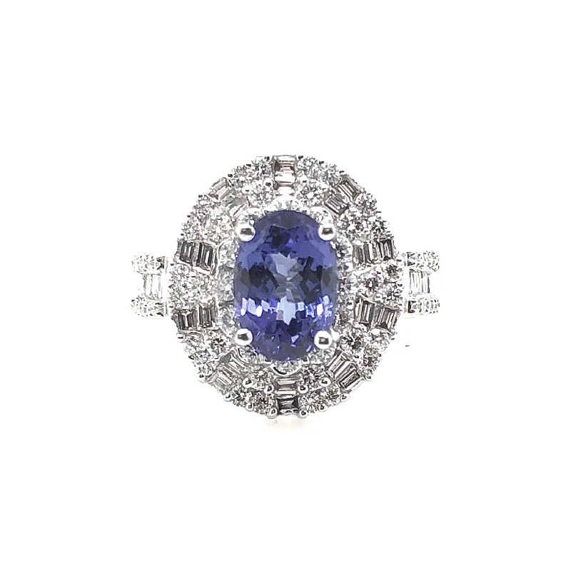 White Gold Tanzanite and Diamond Halo Ring