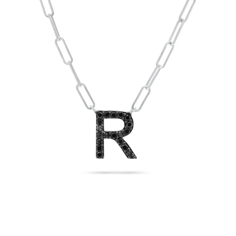 Black Diamond Initial Pendant on Paperclip Chain