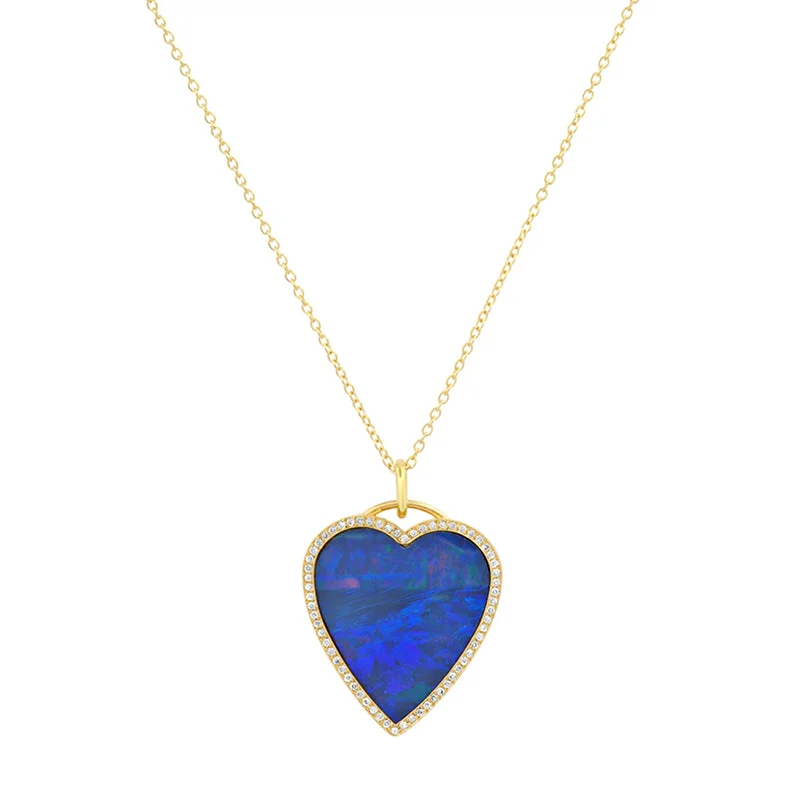 Blue Boulder Opal Inlay Heart Necklace with Diamonds