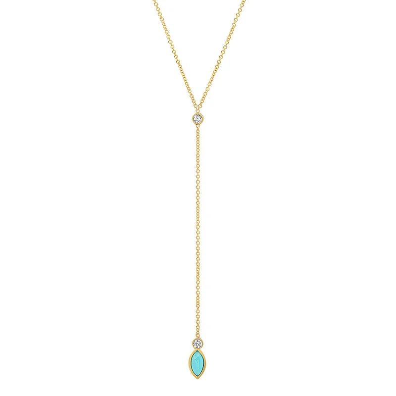 Diamond Bezel with Turquoise Marquise Lariat Necklace