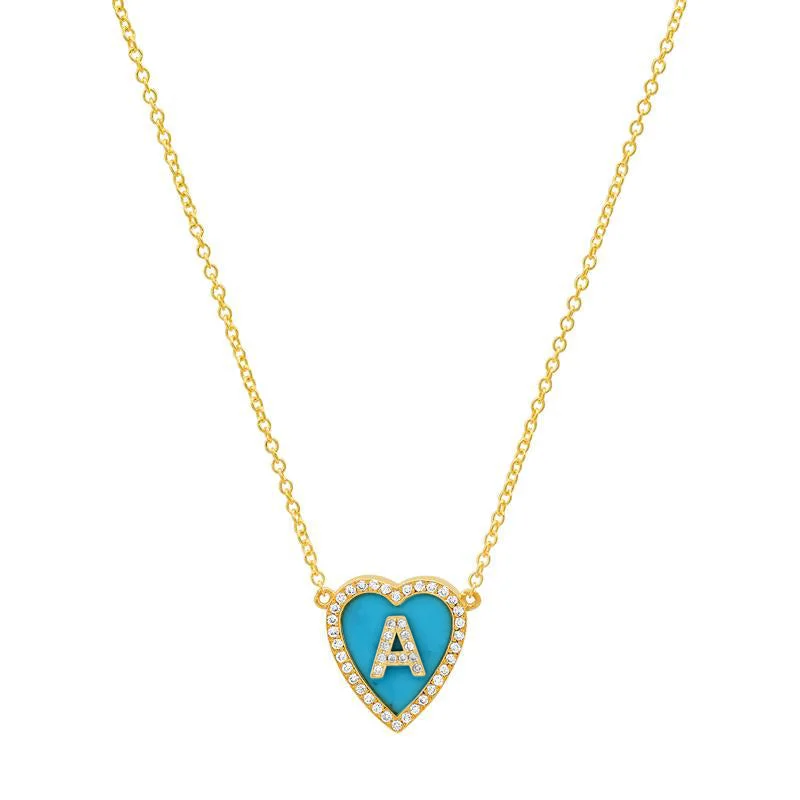 Mini Turquoise Inlay Heart Necklace with Diamond Letter Detail