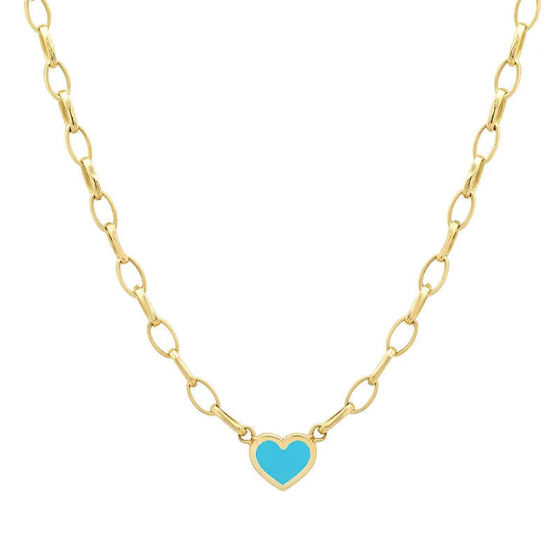 Small Edith Link Necklace with Turquoise Inlay Heart