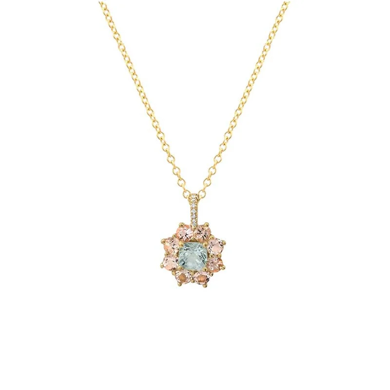 Petite Statement Morganite Flower Pendant Necklace with Aquamarine Center