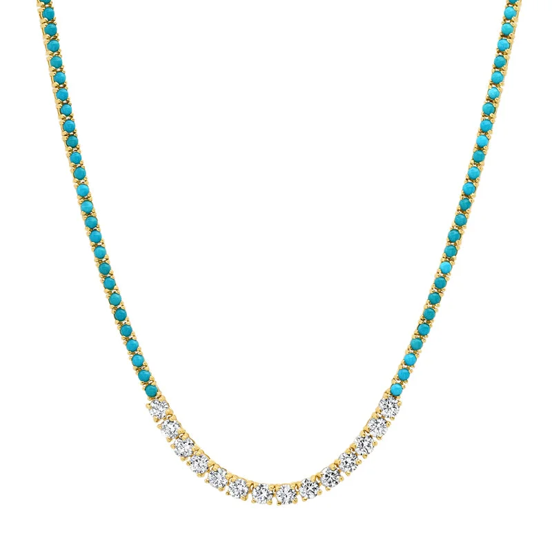 Small 4-Prong Turquoise Tennis Necklace with Large 4-Prong Diamond Accent