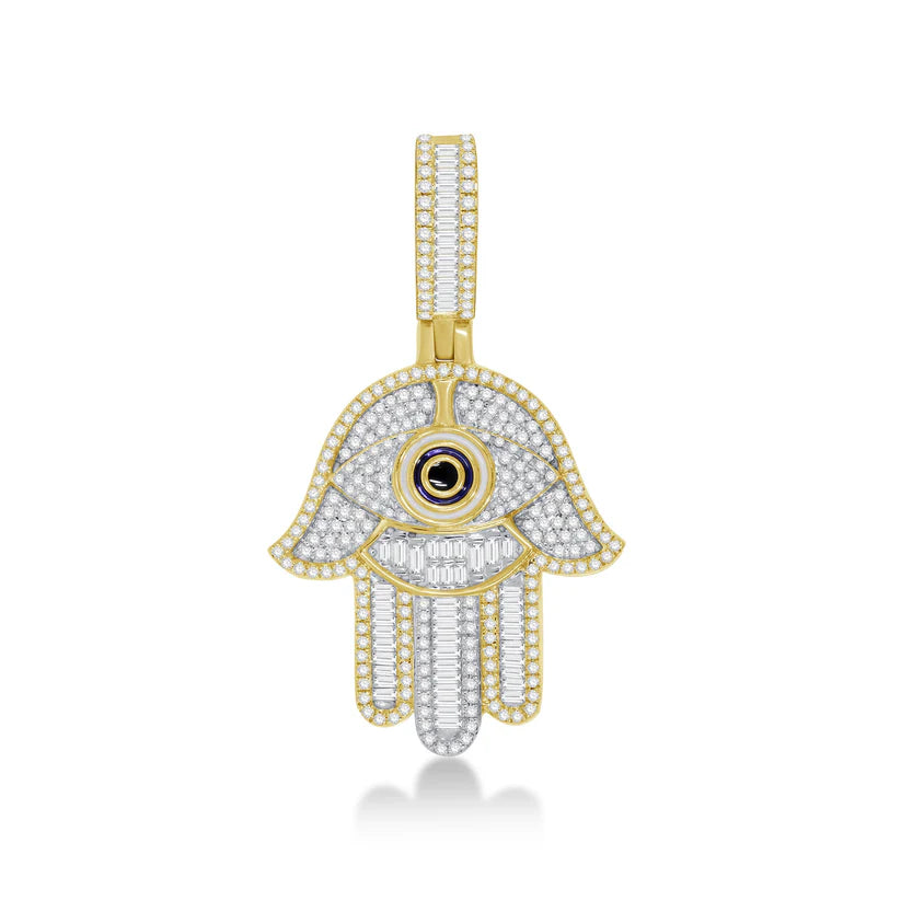 Diamond Evil Eye Hamsa Hand Pendant (14K)