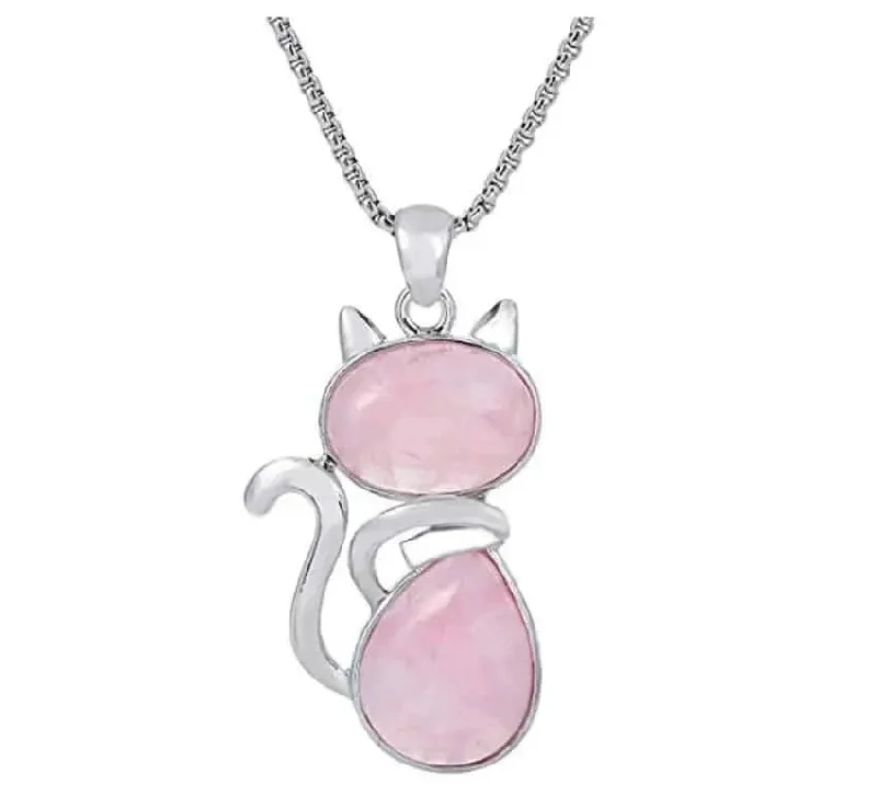 Natural Pink Rose Quartz Cat Shape Pendant Necklace 18"