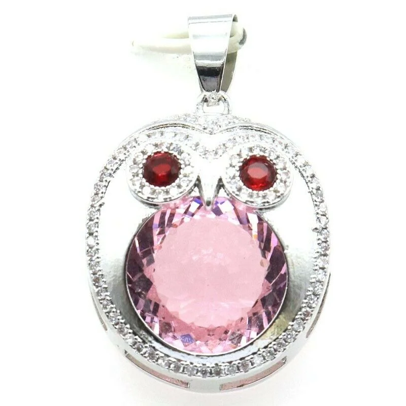 Pink Sapphire CZ Garnet Eyes Owl Pendant Necklace 18"